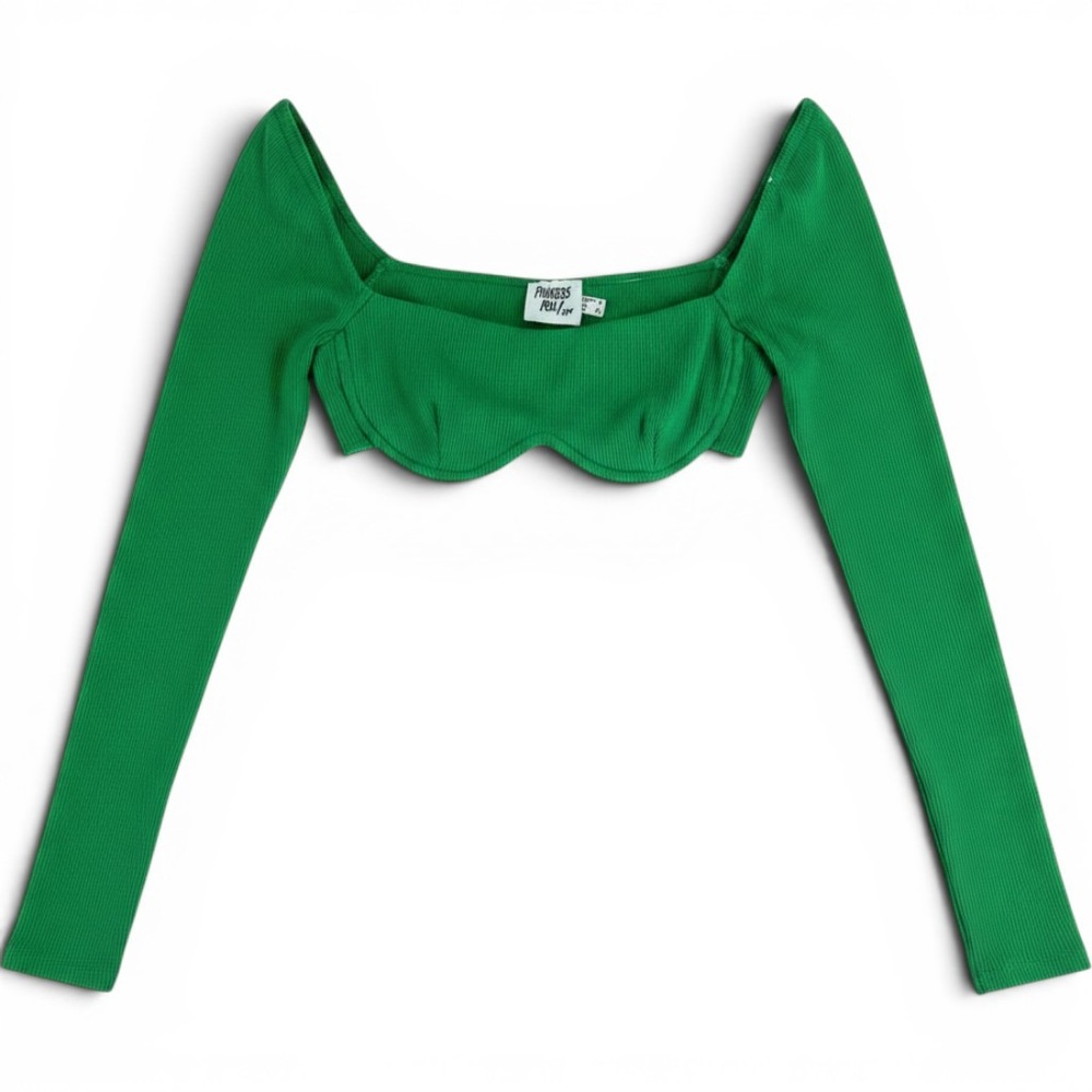 Princess Polly Becca Top Green Ribbed Underwire Long Sleeve Party Crop Top Sz 4